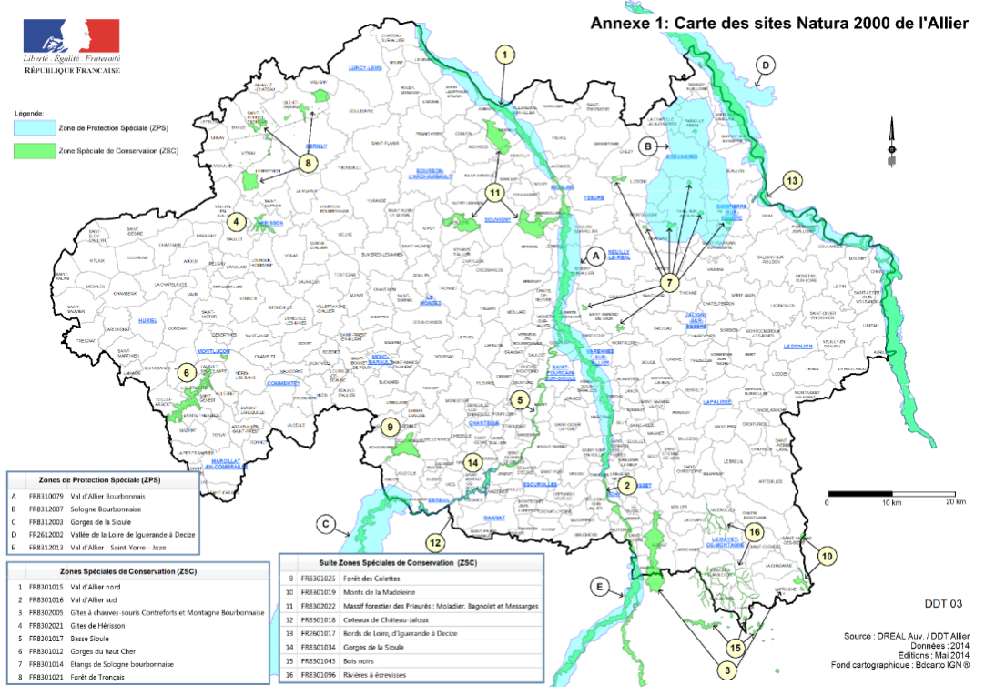 Carte des sites Natura 2000 de l'Allier