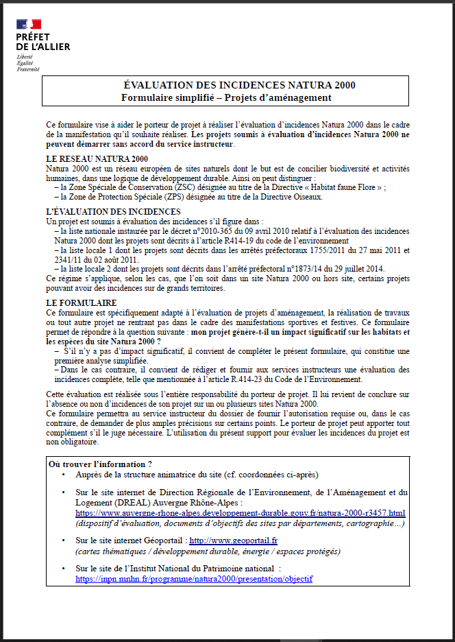 Déclaration évaluation incidences